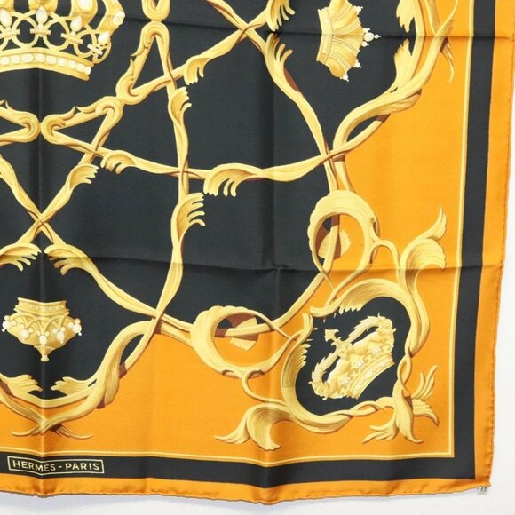 HERMES Carre 90 Scarf Crown Silk Yellow Auth am8845 - Picture 7 of 12